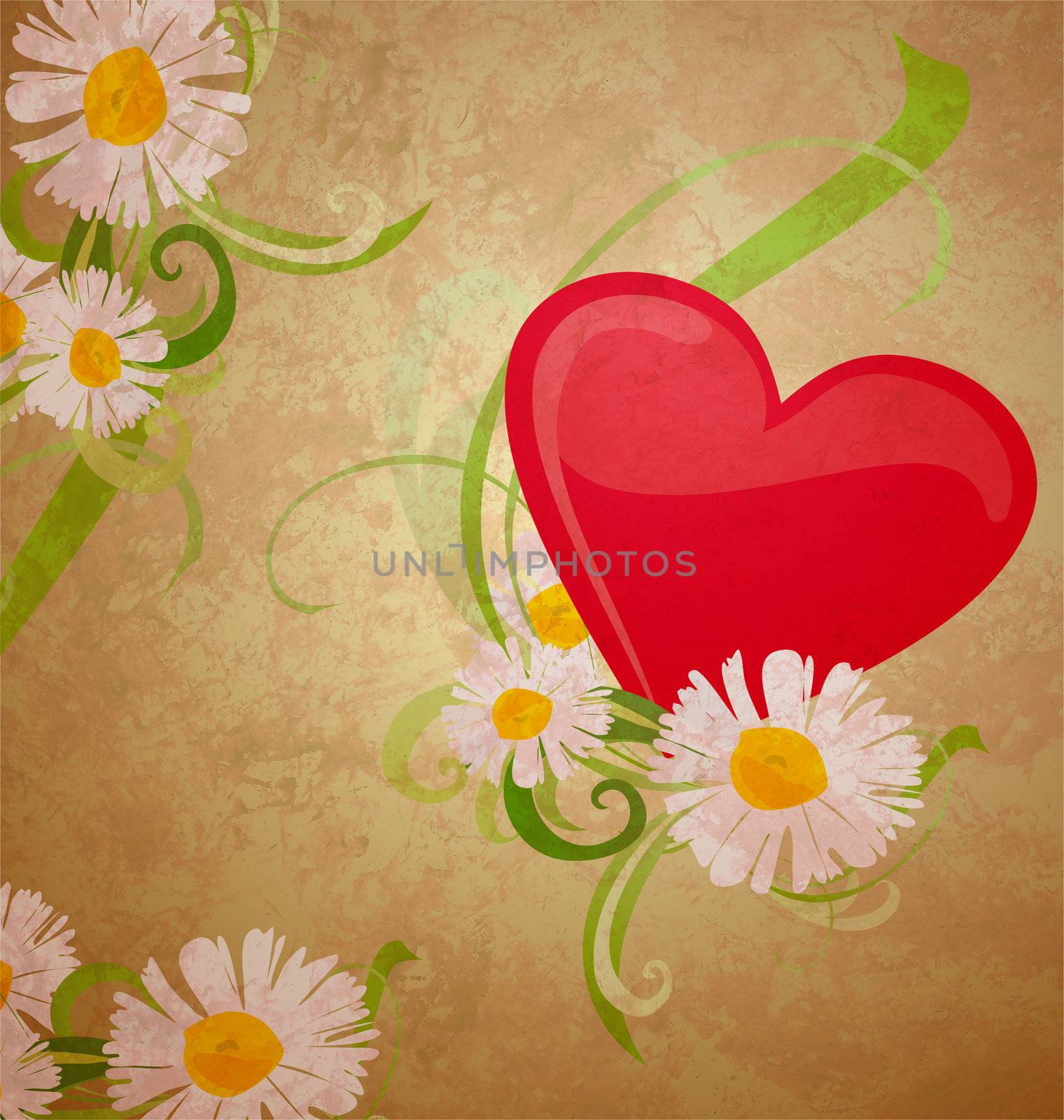 red heart ans daisy grunge watercolor on dark paper background