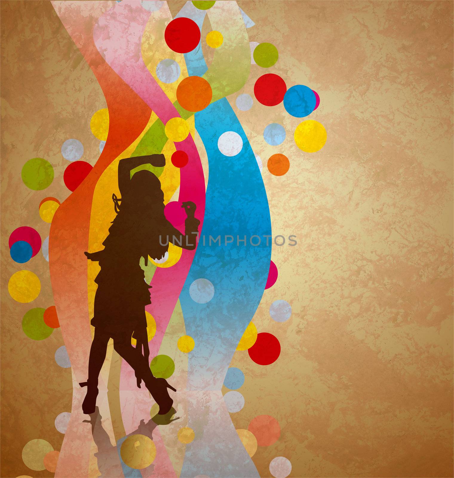 colorful waves background with woman dancing silhouette by CherJu