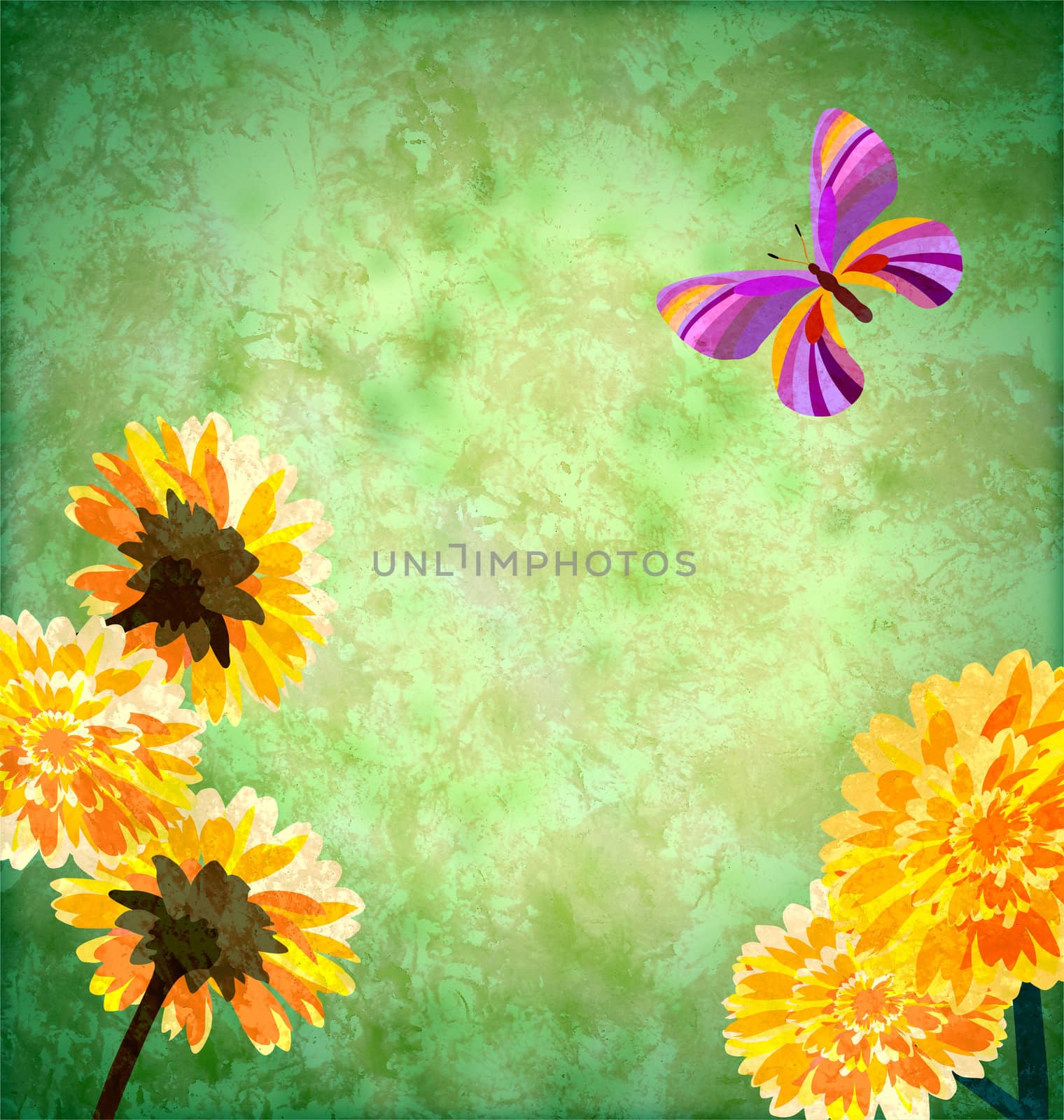 green background with yellow flowers and butterfly by CherJu