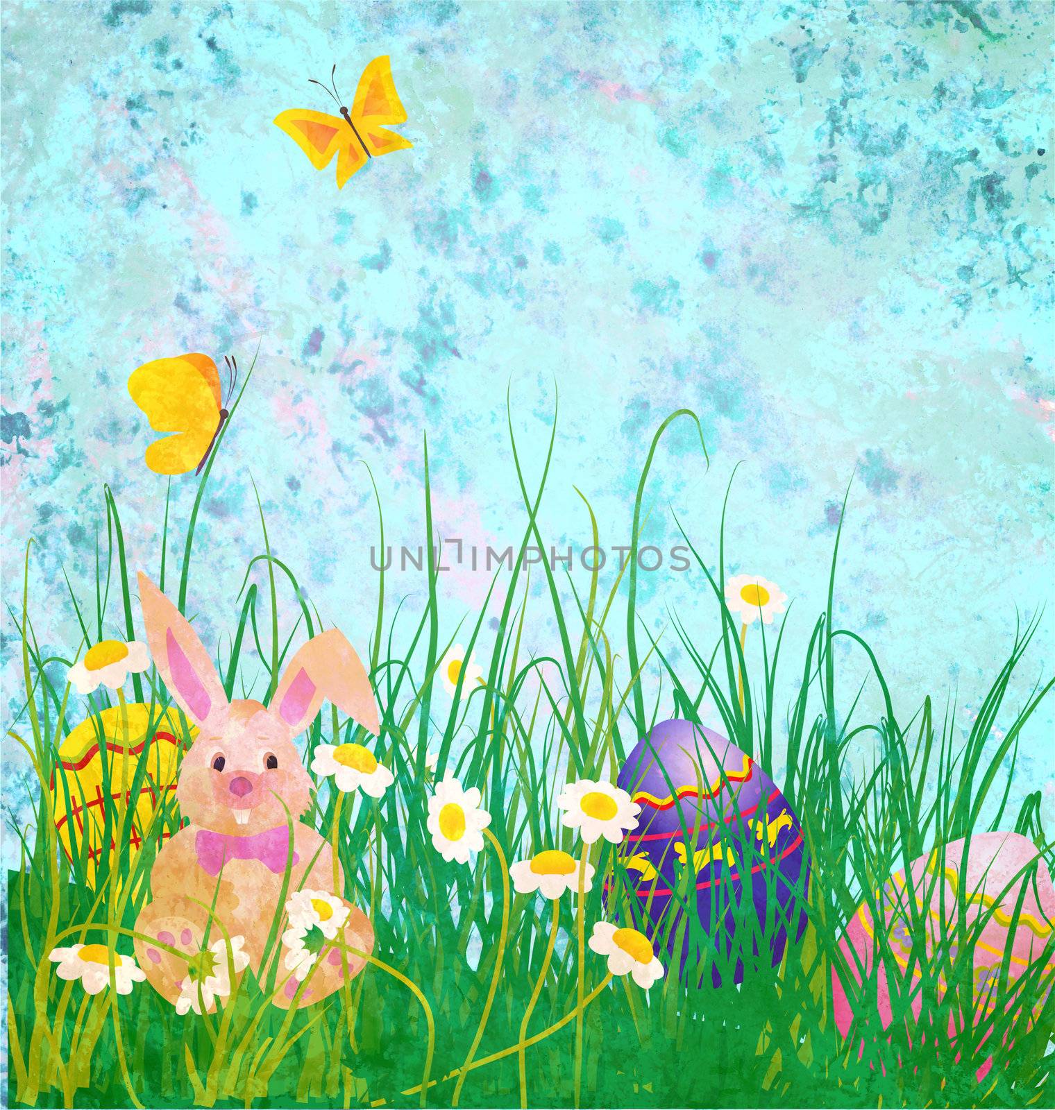 Easter rabbit with daisies flowers and butterfly on grunge paper blue background