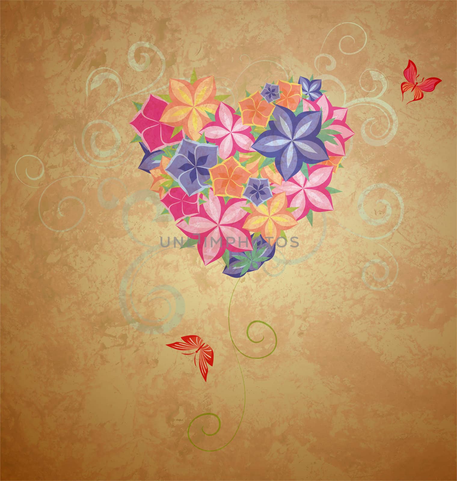 colorful flowers heart with butterflies on brown grunge background