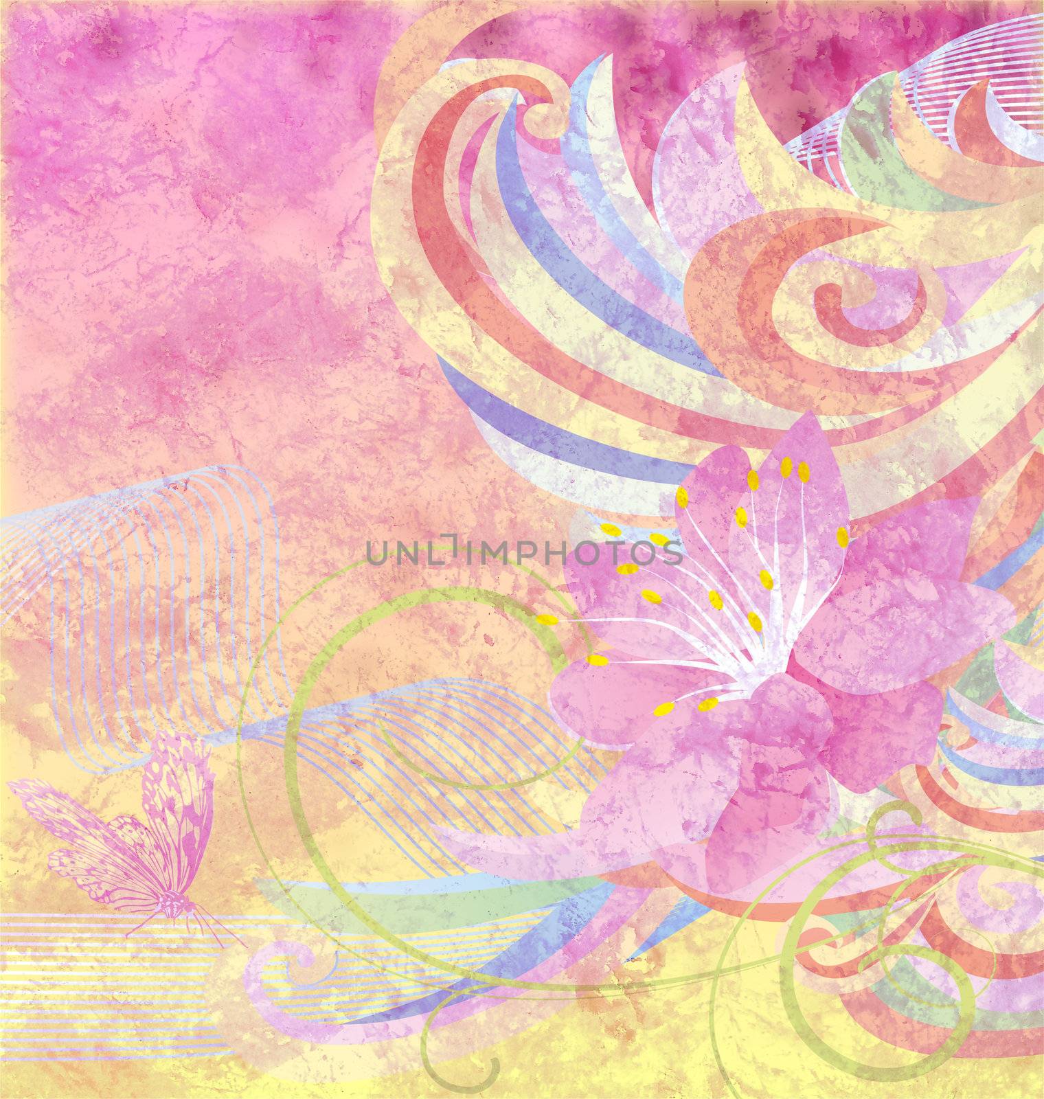 abstract pink flower with curves on pink and yellow grunge paper background