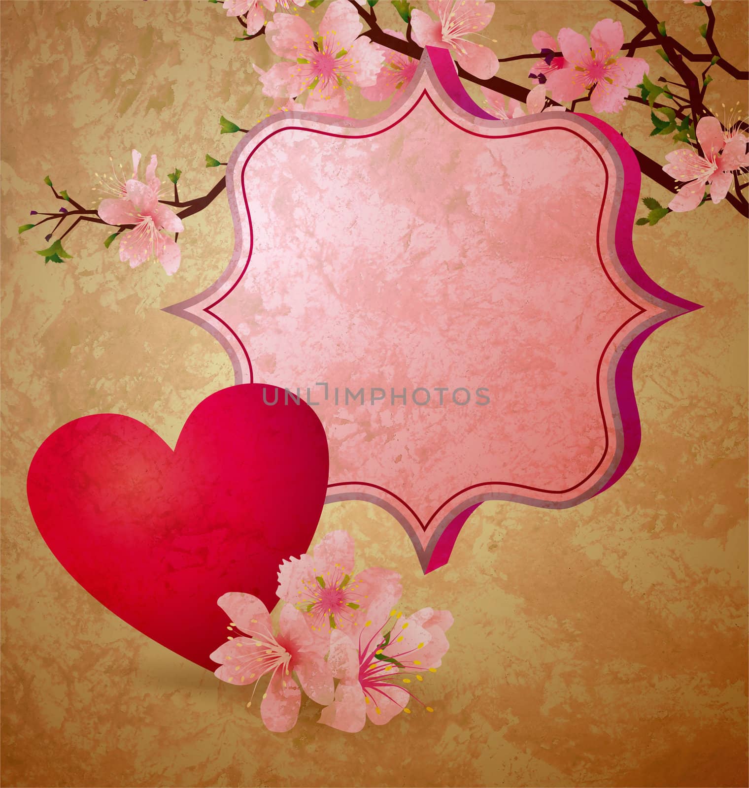 grunge illustration with blooming cherry tree and red heart valentine's day frame