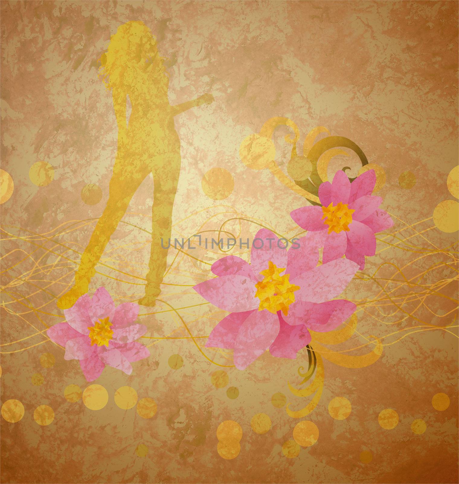 girl and pink flowers on grunge background old paper by CherJu