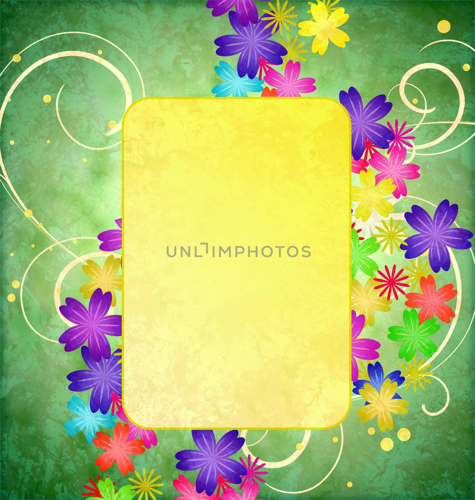 colorful flowers flourishes frame on green grunge background vintage style illustration