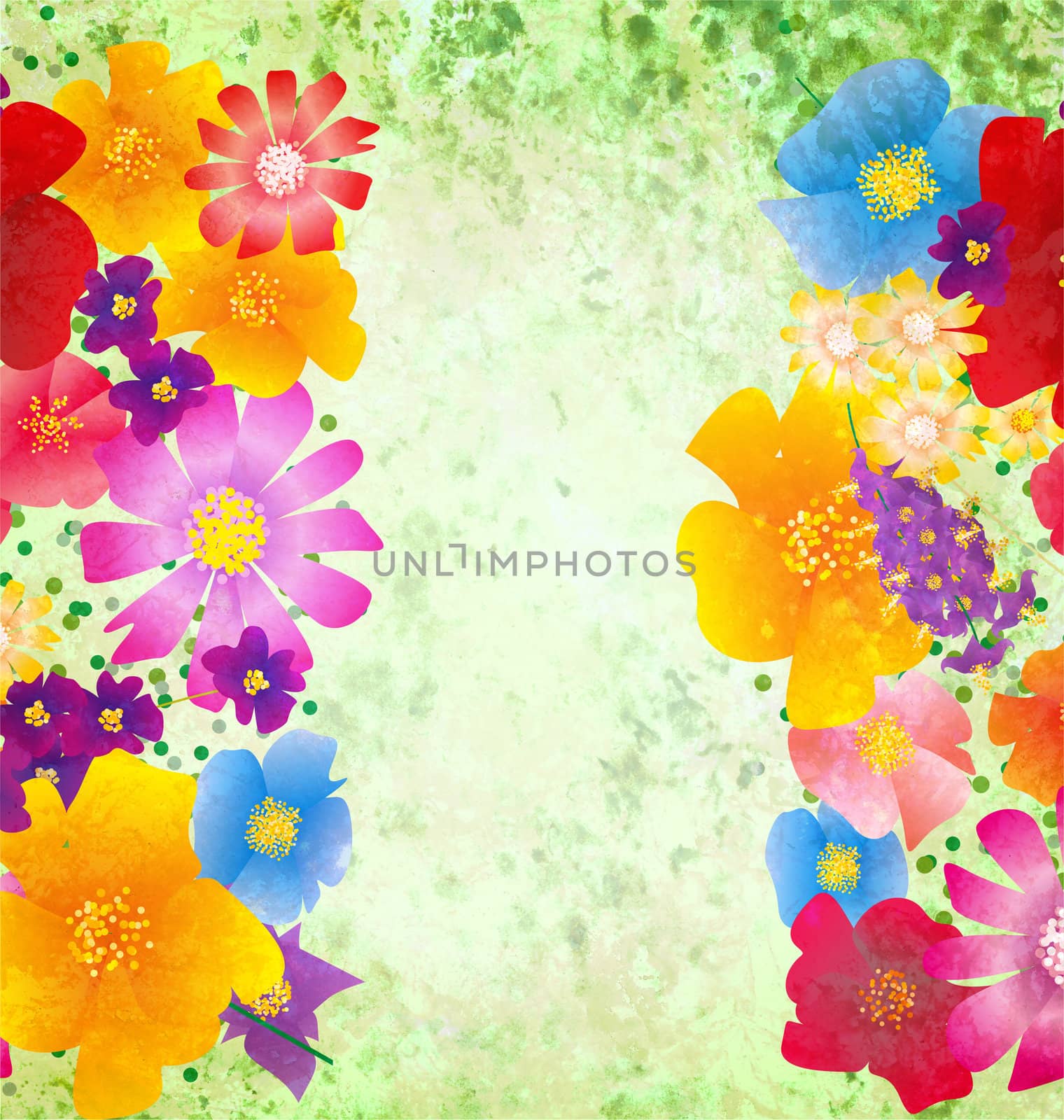 colorful flowers border on green background spring nature grunge by CherJu
