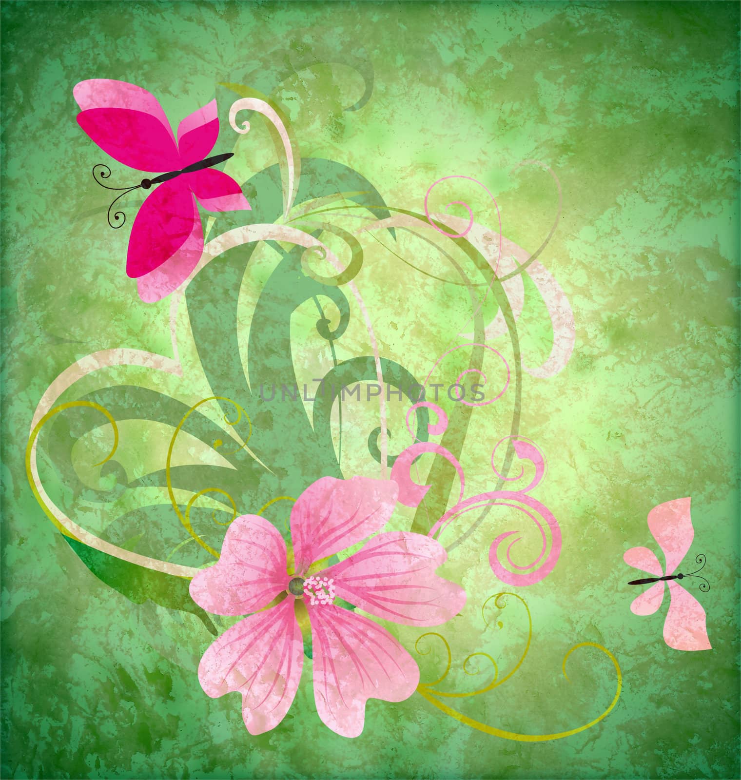 spring butterfly and pink flower on grunge green background easter idea illustration