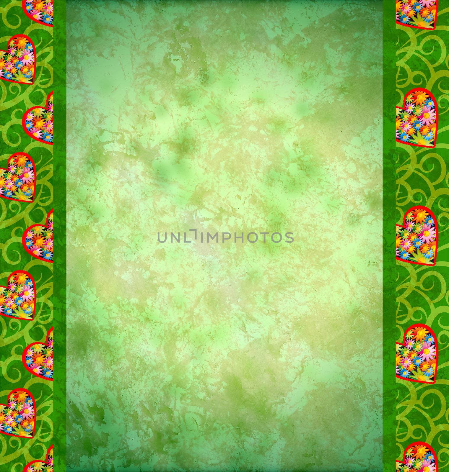 grunge green background with flowers hearts borders by CherJu