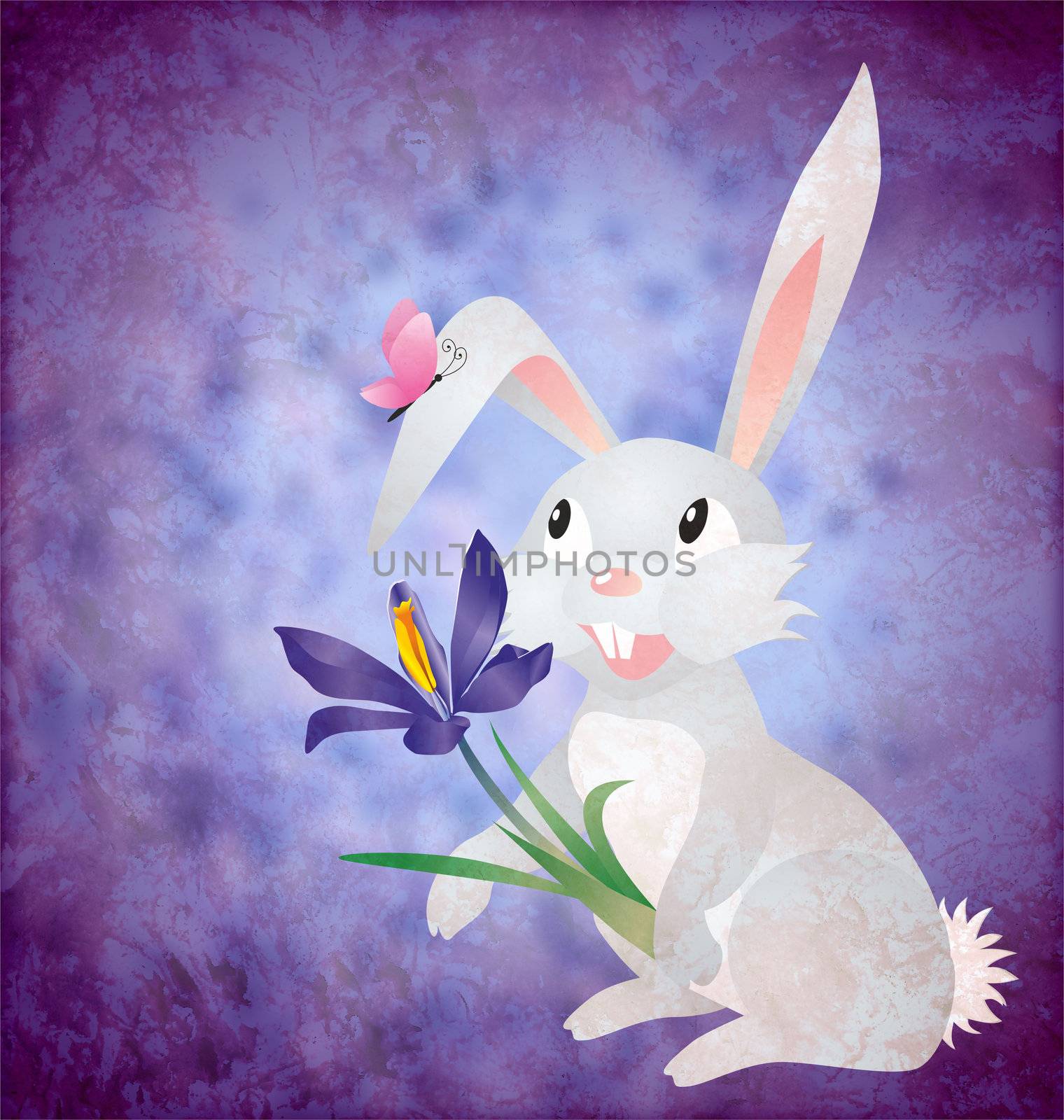 Easter rabbit with crocus flower on grunge paper blue background