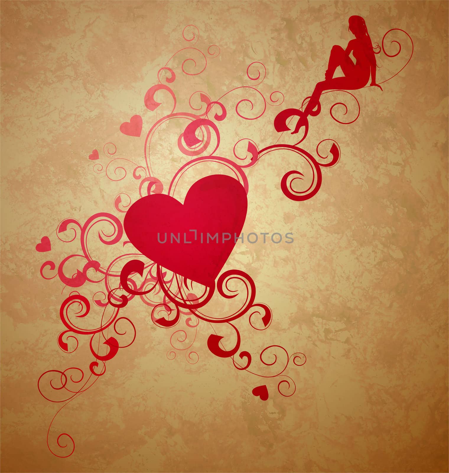 red heart with florishes on grunge brown background with little  by CherJu