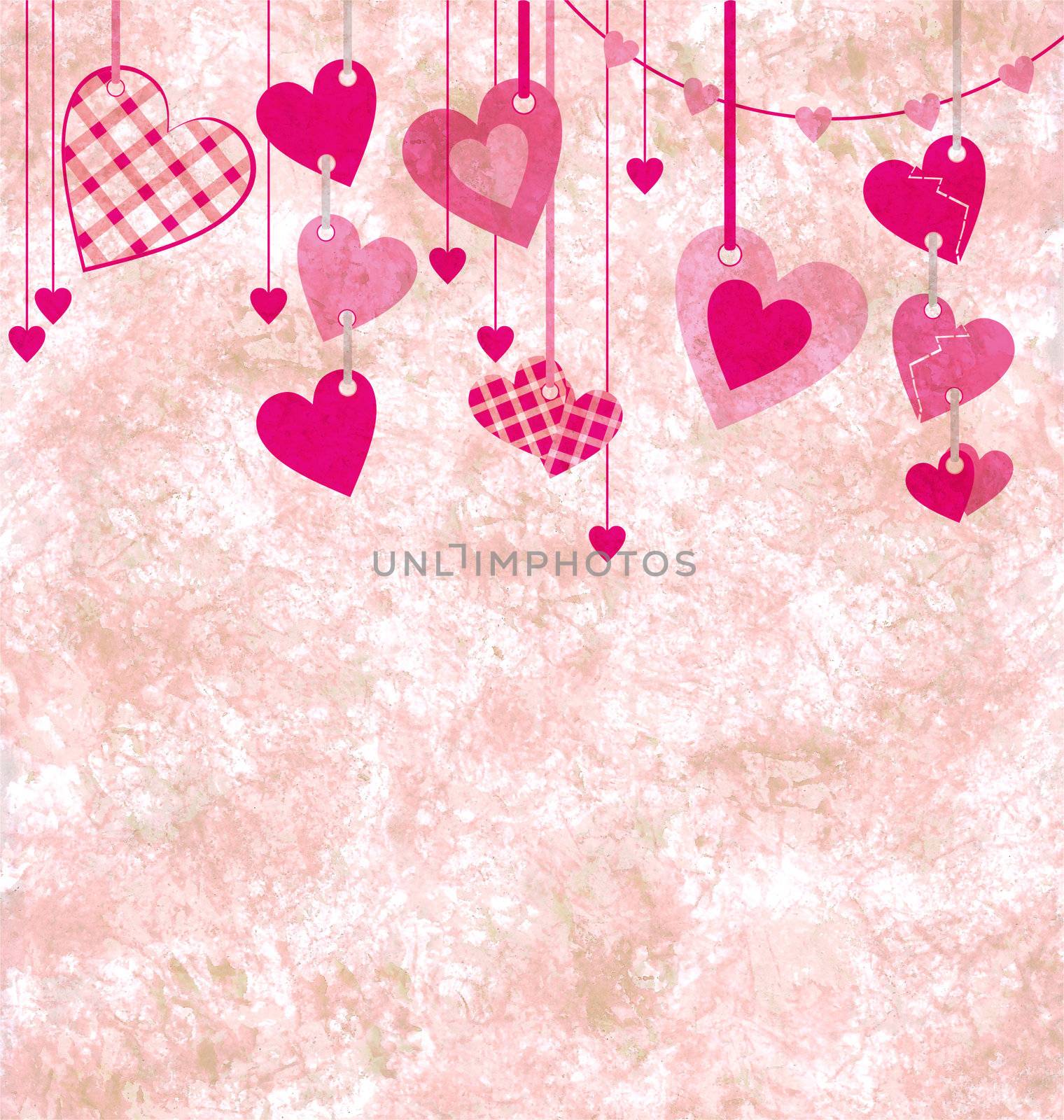 different pink hanging hearts on the grunge light paper background