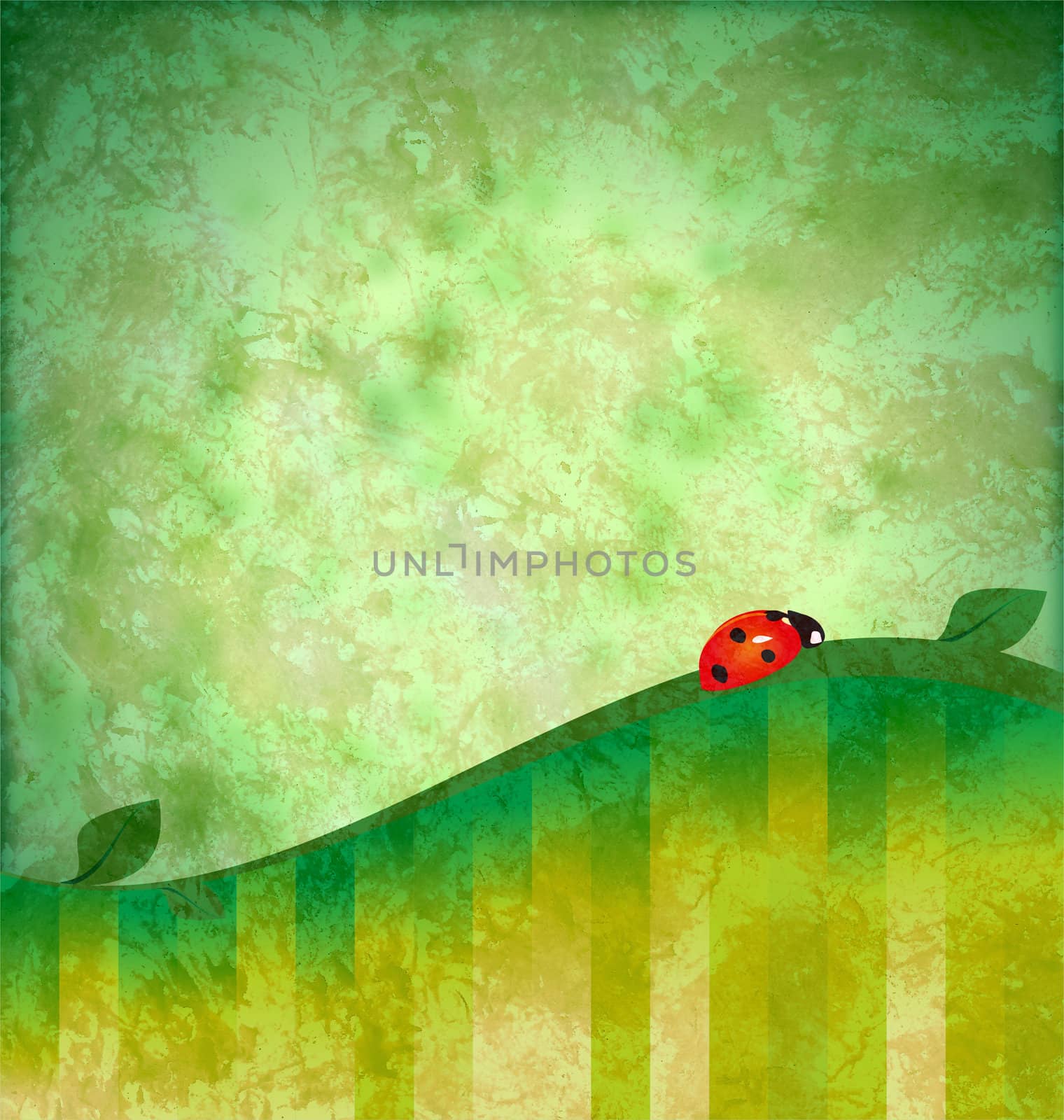 green background grunge illustration with red ladybird