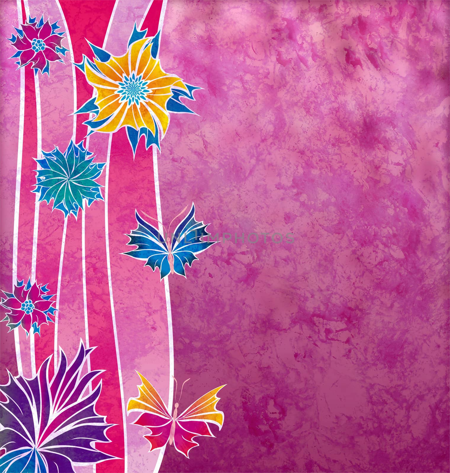 decorative magenta flowers with wave shapes and grunge effect by CherJu