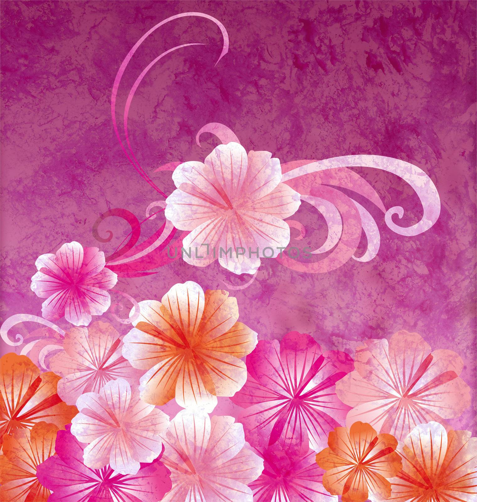 pink flowers on dark pink background grunge illustration by CherJu
