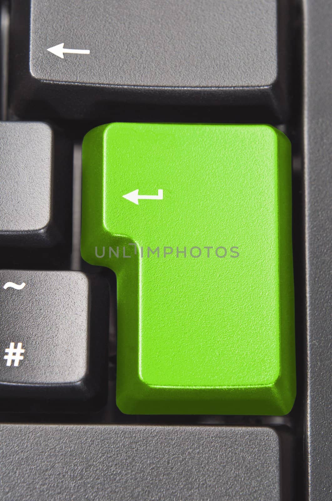 Close up (macro) shot of the 'Enter' aka 'Return' key on a black computer keyboard.  Coloured green with original word removed.