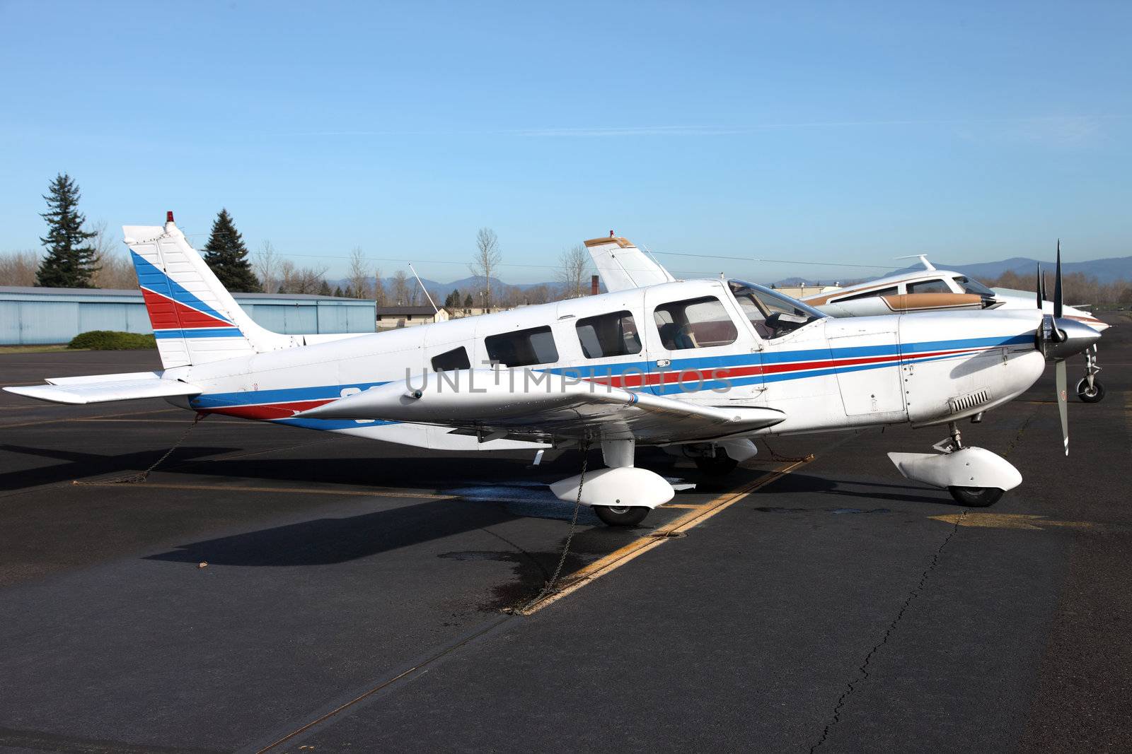 	
Single engine aircraft parked at the Troudale airport near Portland OR.