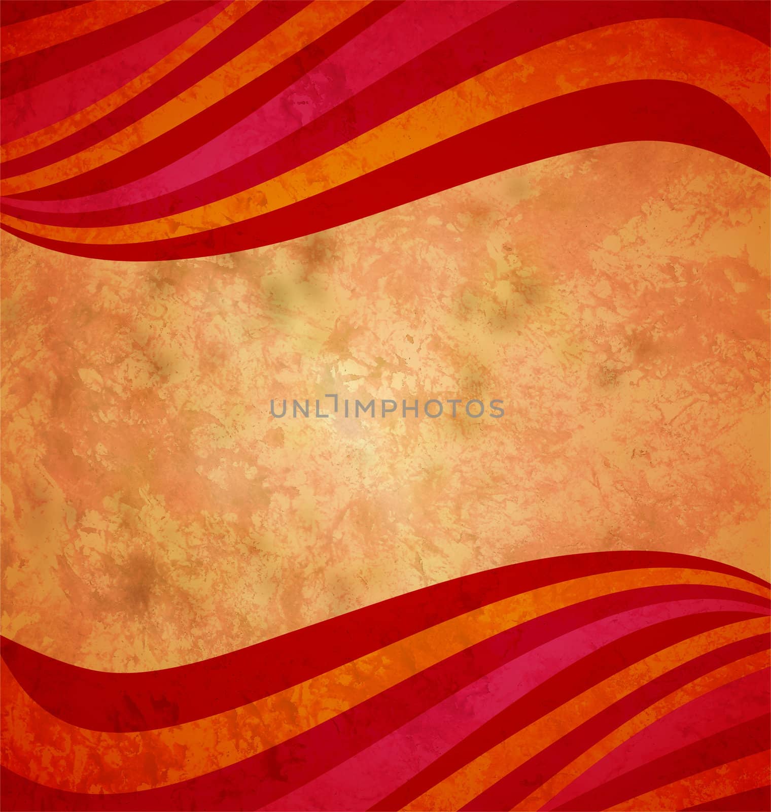 colorful red and orange waves on the grunge old paper background by CherJu