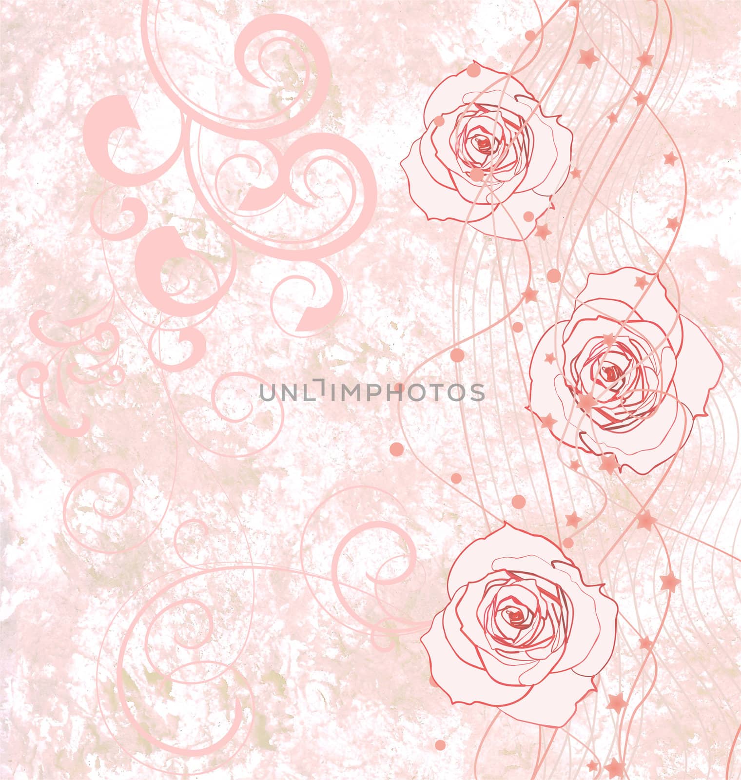 pink roses grunge illustration with flourishes for wedding or birthday