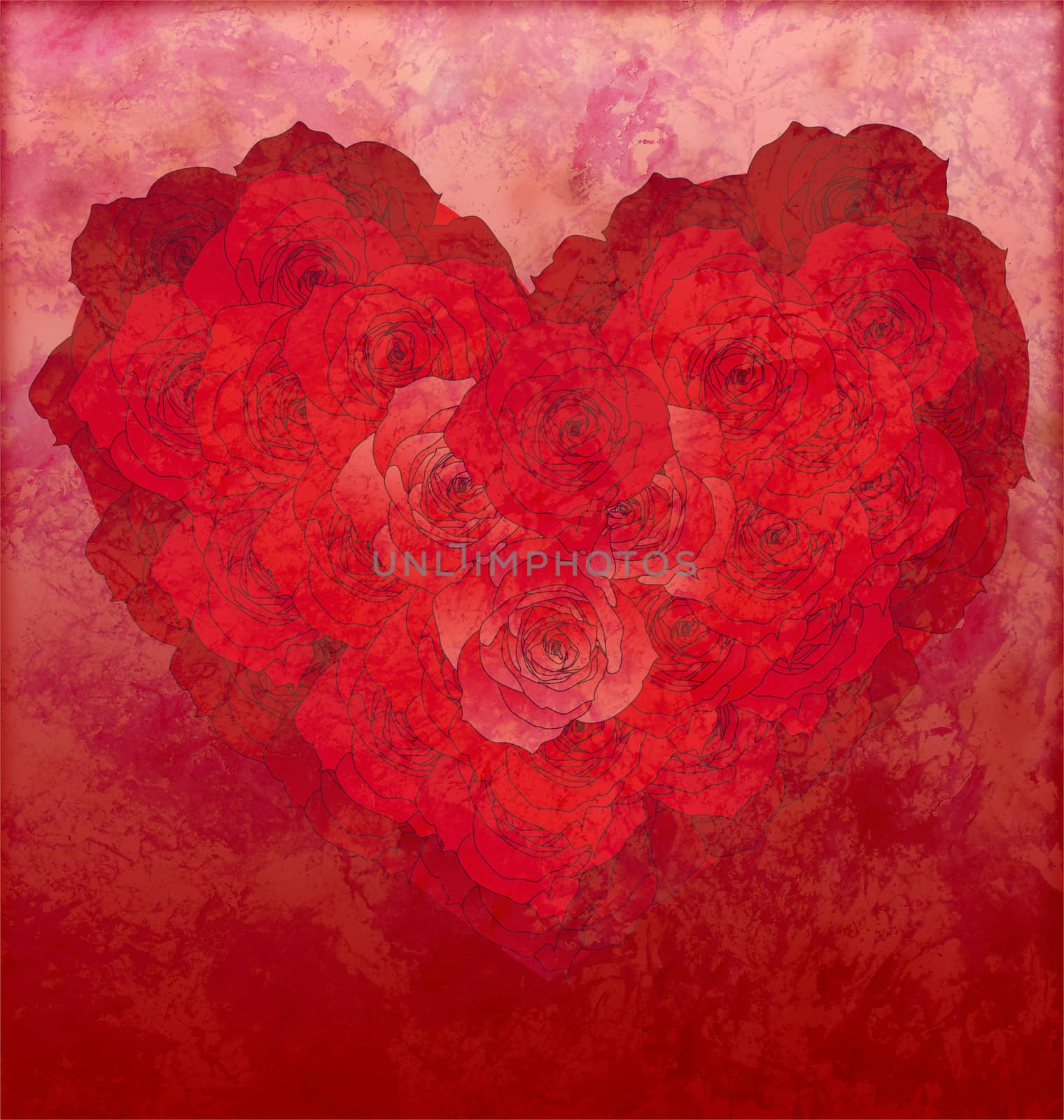 red roses heart on red grunge background love or wedding illustr by CherJu