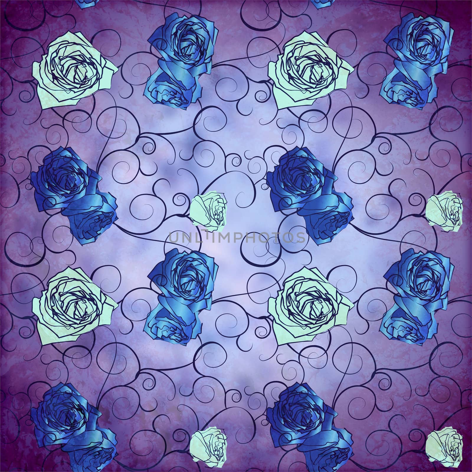  blue roses vintage stily pattern with grunge effect by CherJu