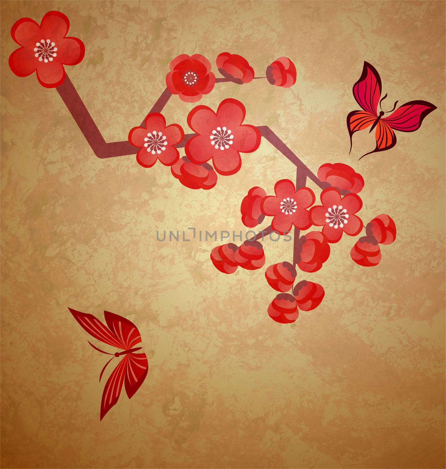 blossoming tree illustration on grunge old paper background