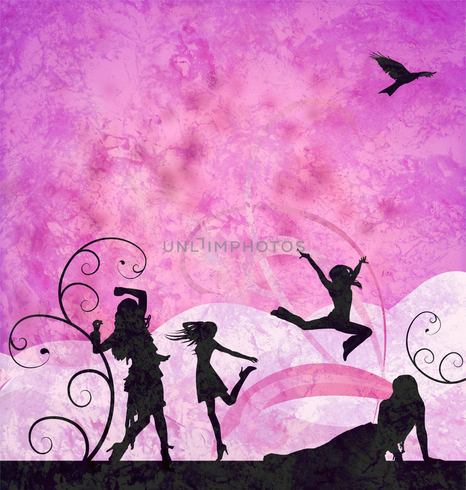 fashion girls silhouettes on grunge pink and violet background