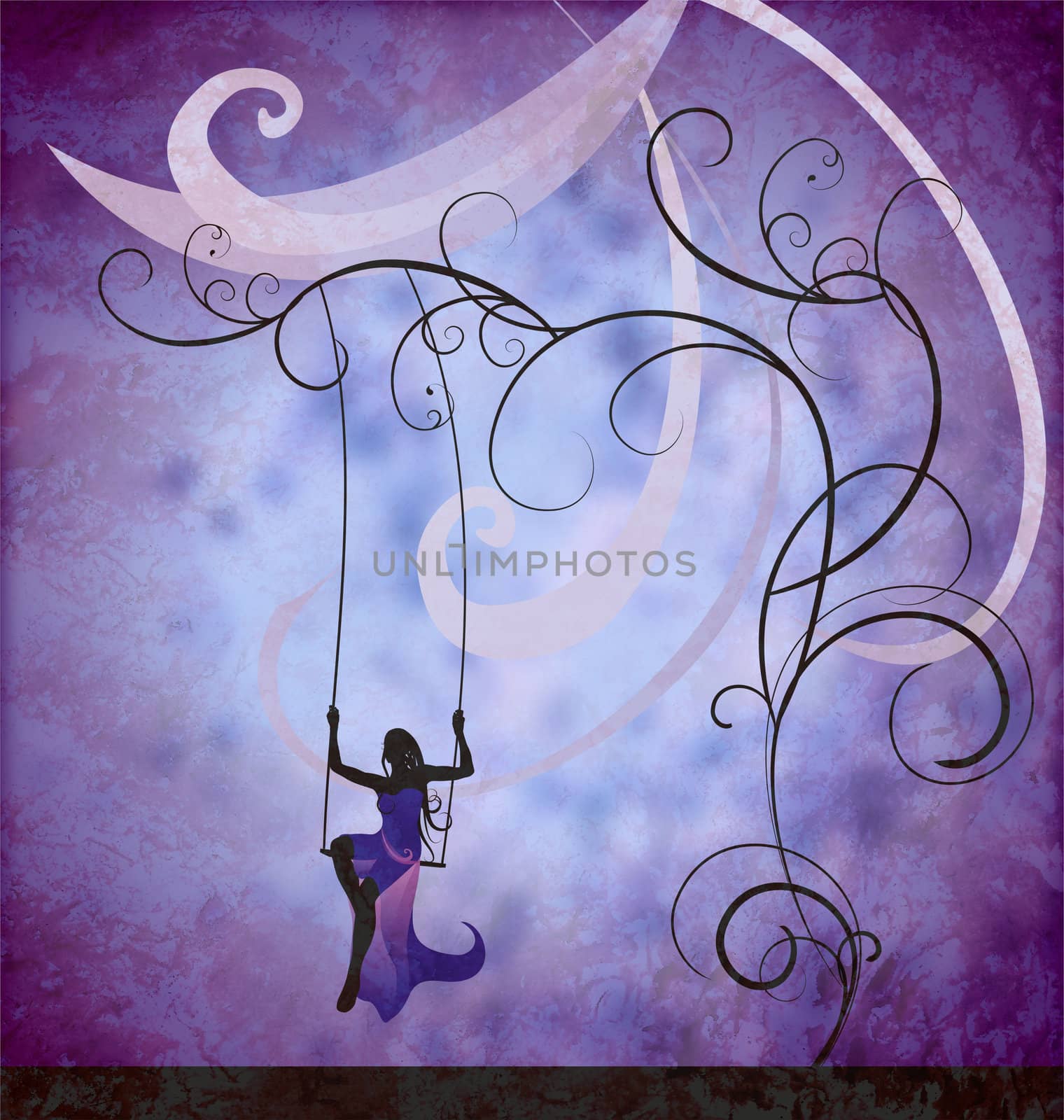 grunge dark blue illustration  of model in long evening dress sitting on the swings