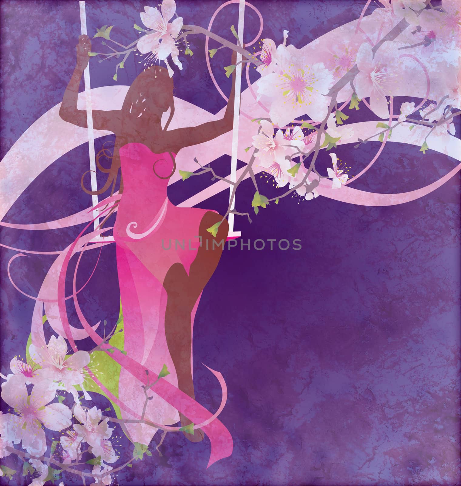 woman sillhouette in pink evening dress on the swings on floral blue grunge background