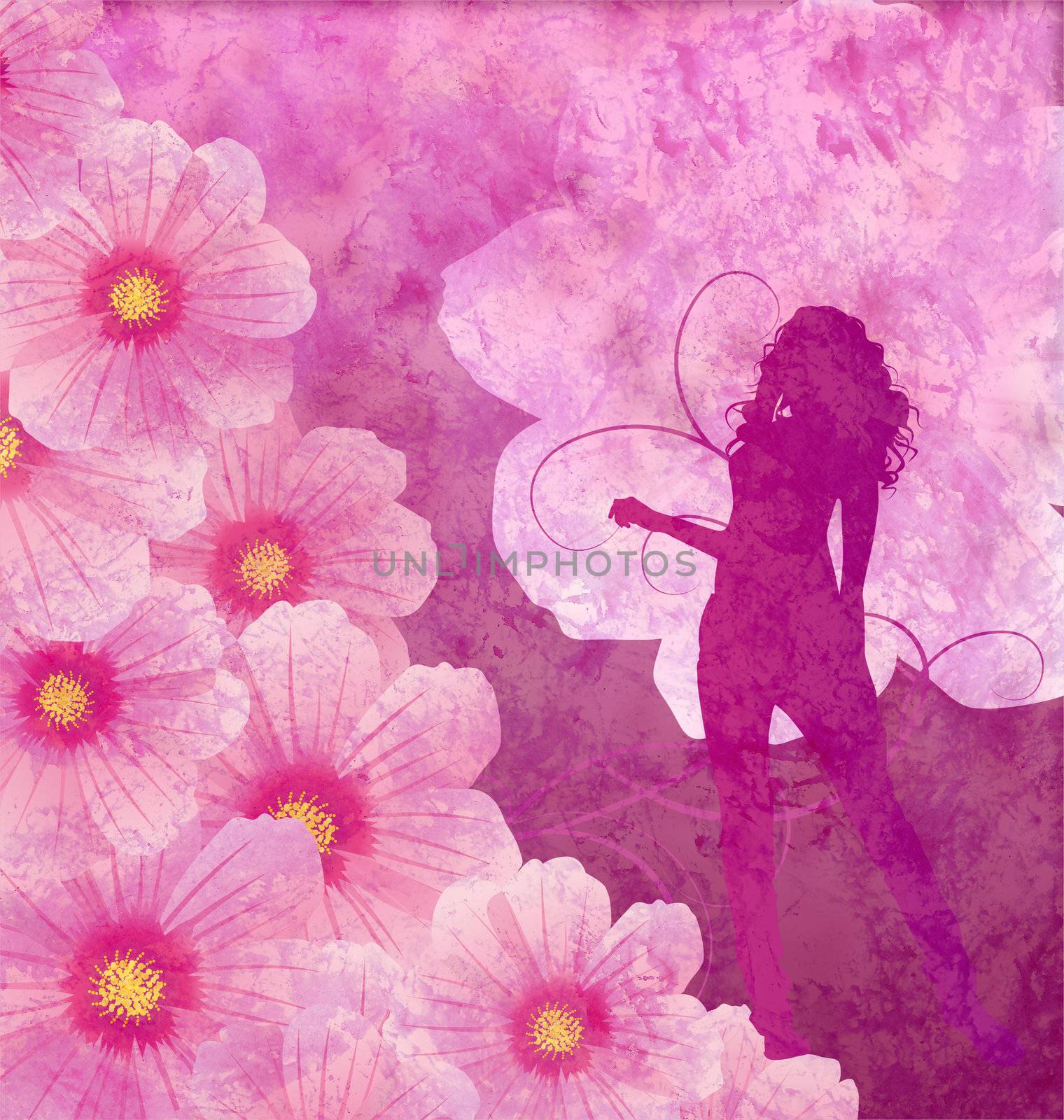 pink grunge cosmos flowers and girl silhouette