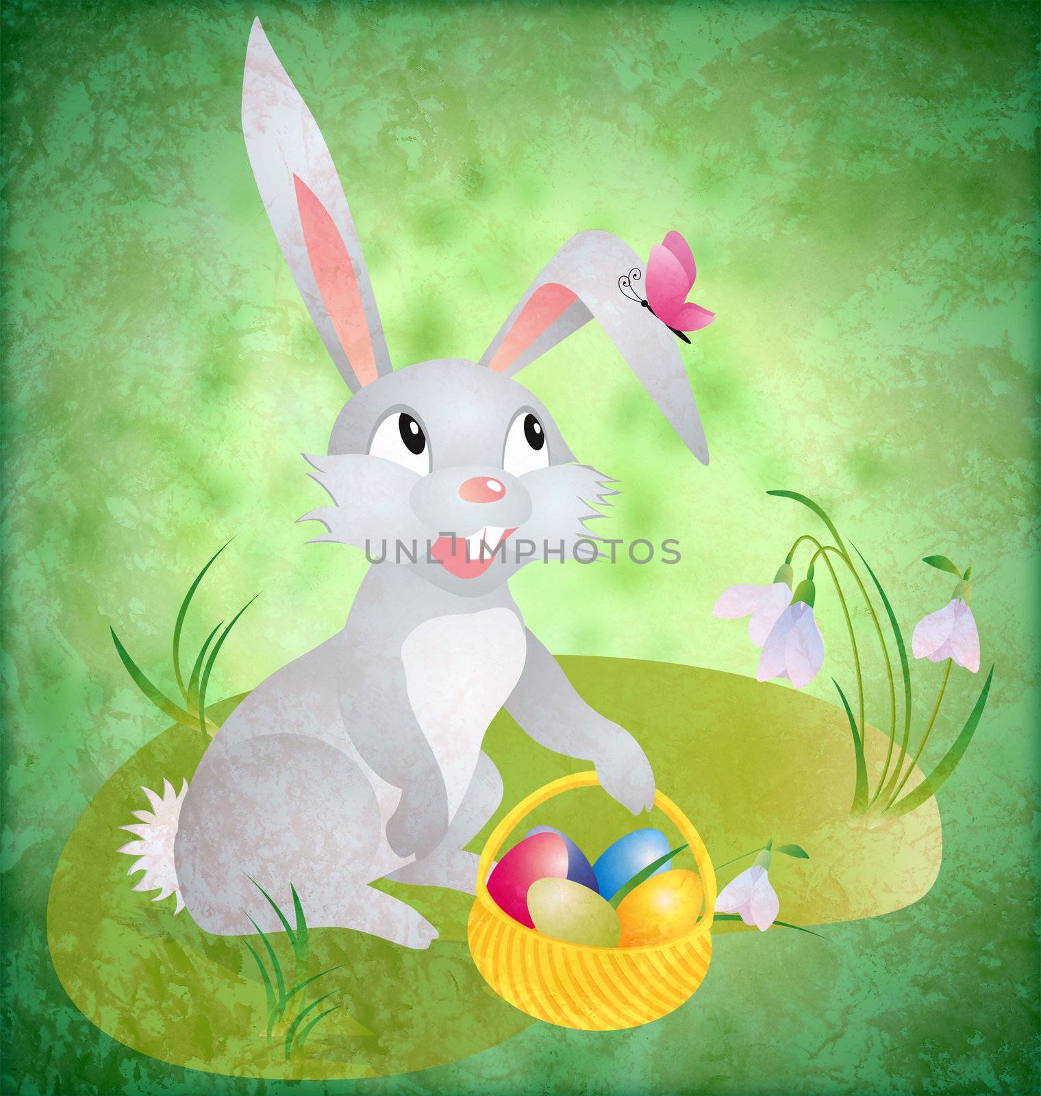 easter bunny with busket and eggs on green grunge backdrop with grass and flowers