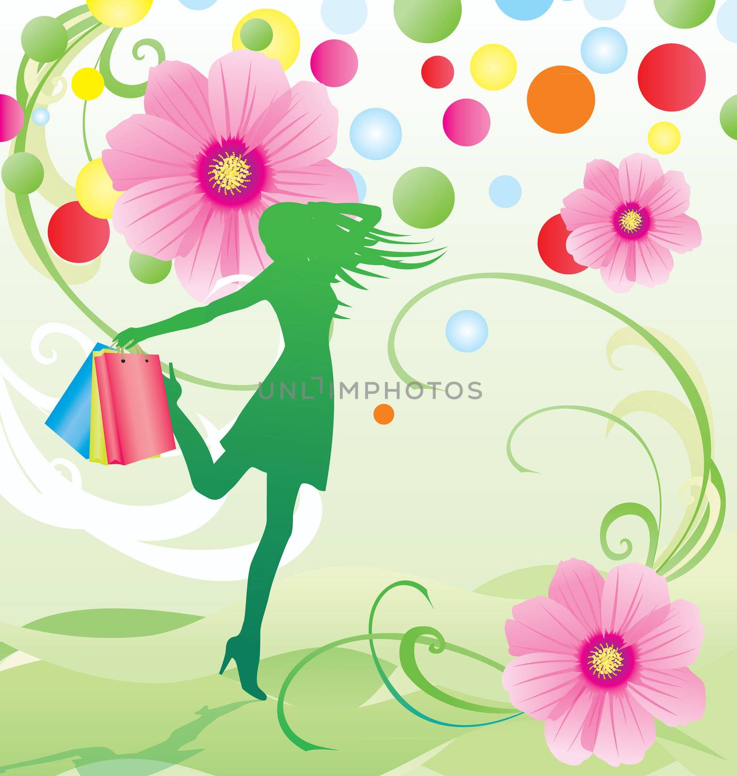 spring and summer flowers sale vector with girl with shopping ba by CherJu