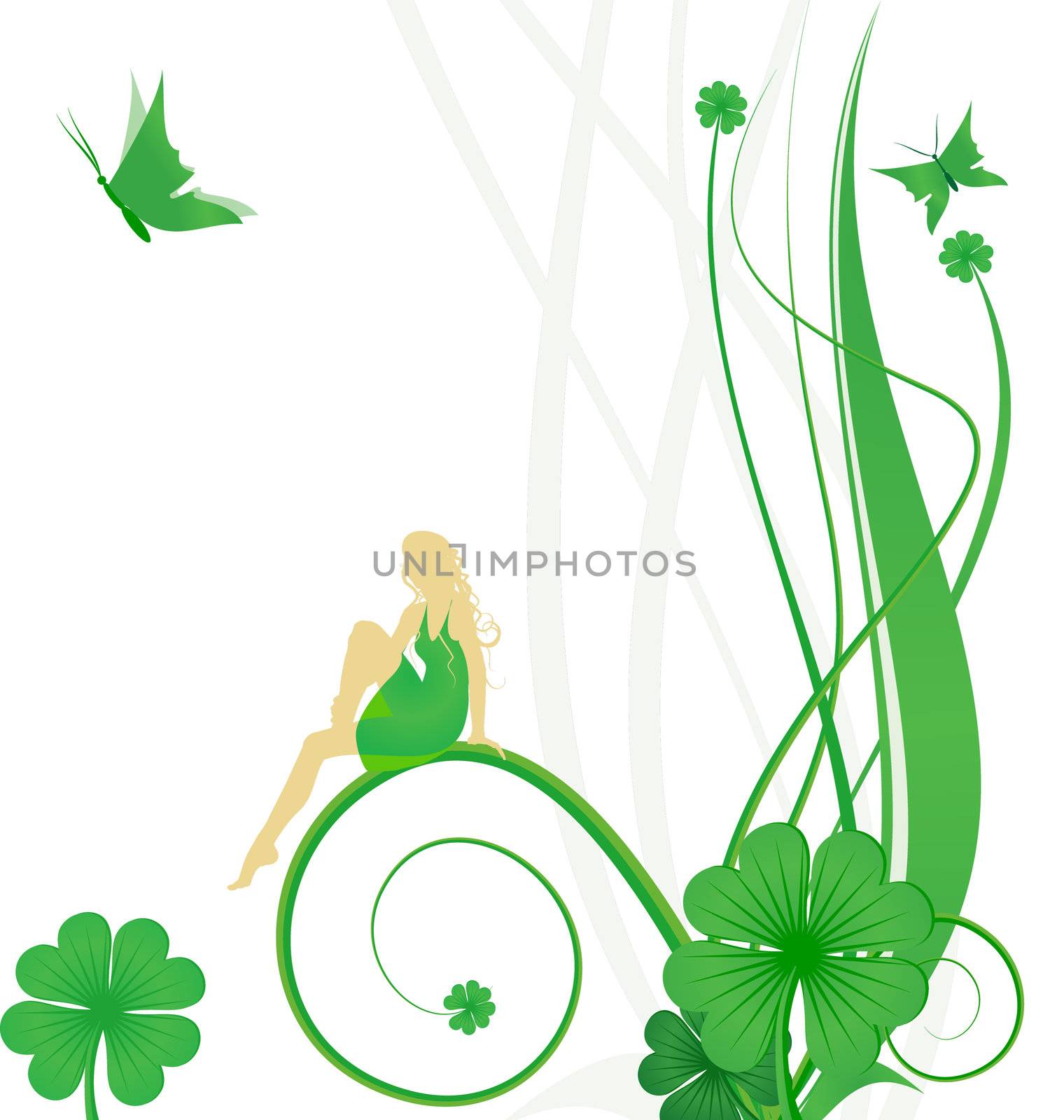 Green St. Patrick Day vector with fairy, butterflies and clover