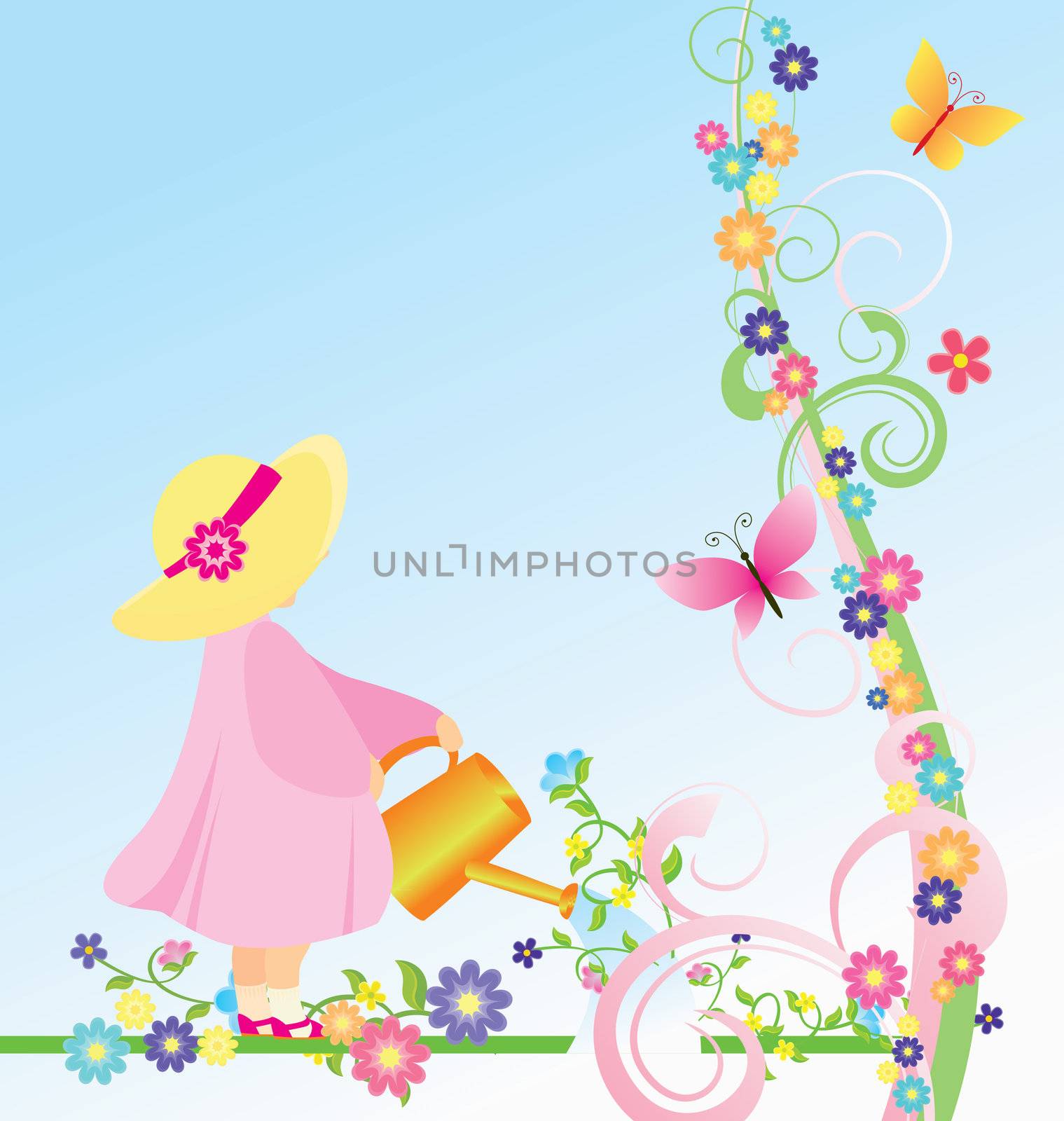 vector girl in pink dress and yellow hat watering flowers in the garden