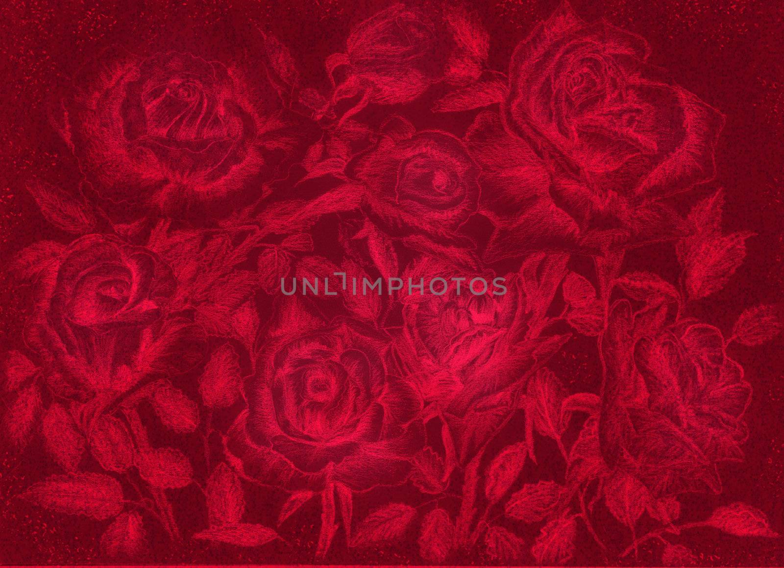 red roses pensil draw dark floral vintage background