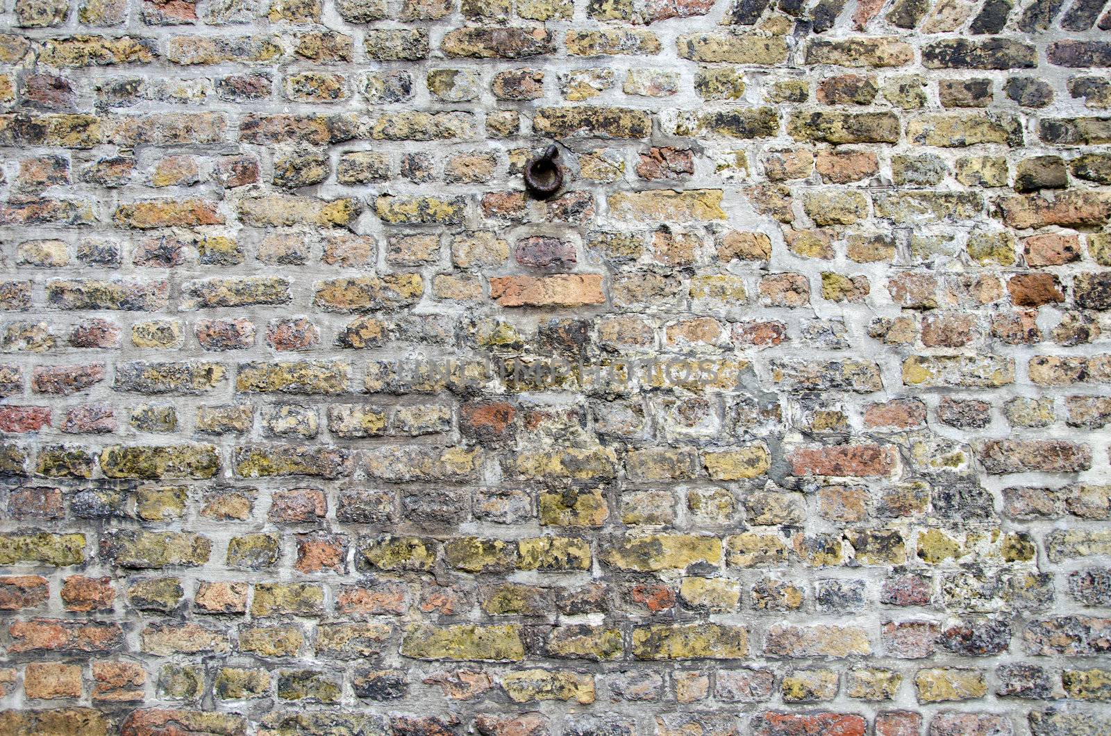 background of ancient retro vintage brick wall and metal steel rusty hanger ring.