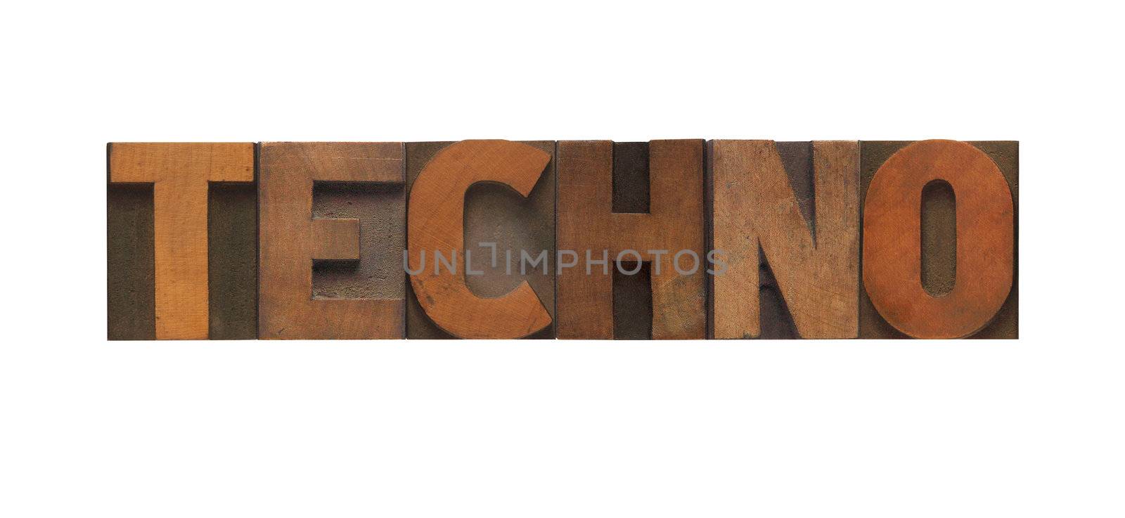 the word techno in old letterpress wood type