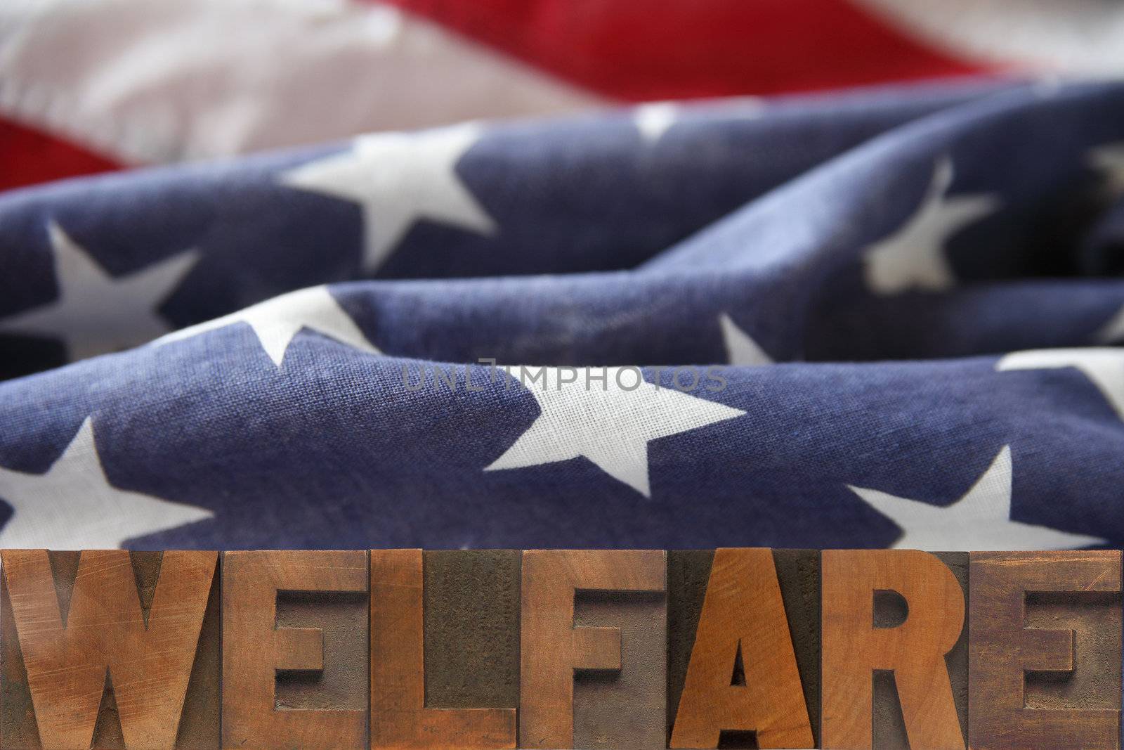 the word welfare on an American flag background