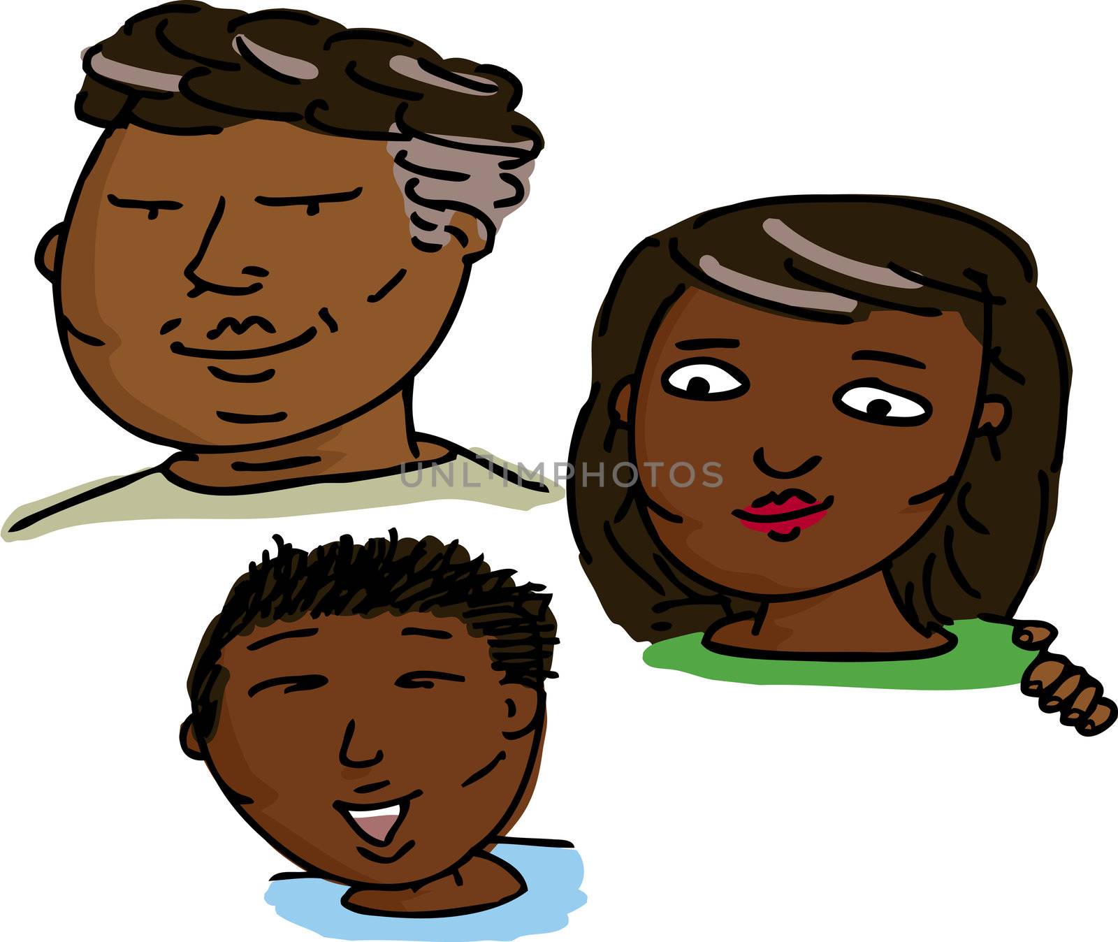 Smiling Latino family of three isolated over white background