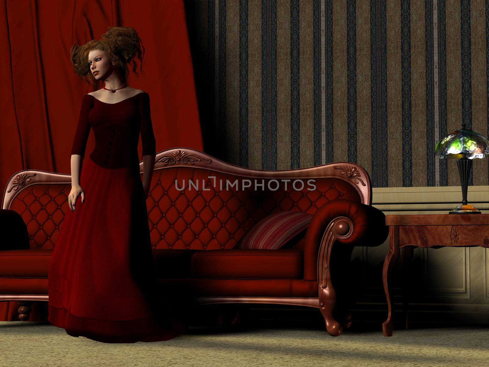 A beautiful women poses in a red dress in room full of luxury Victorian furniture.