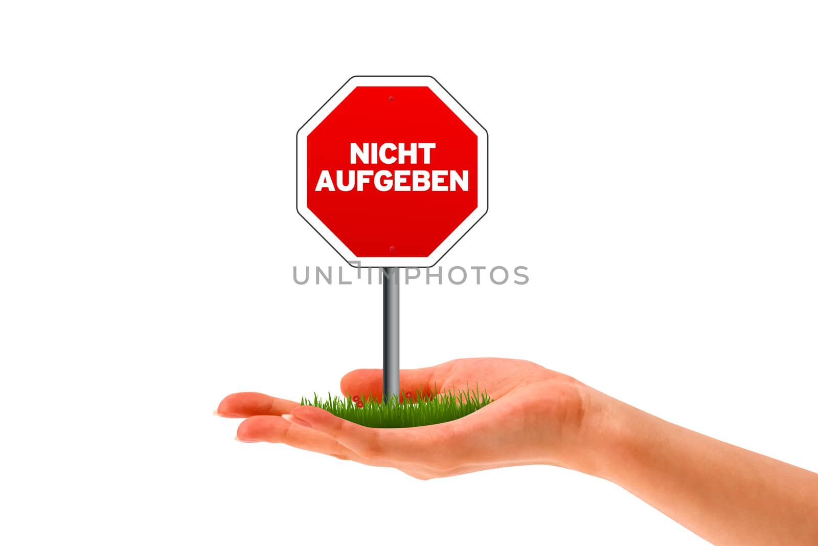 Hand holding stop sign with the words Nicht Aufgeben
