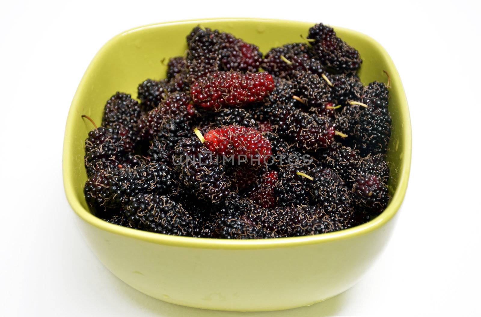 fresh mulberries  in green bowl on white background