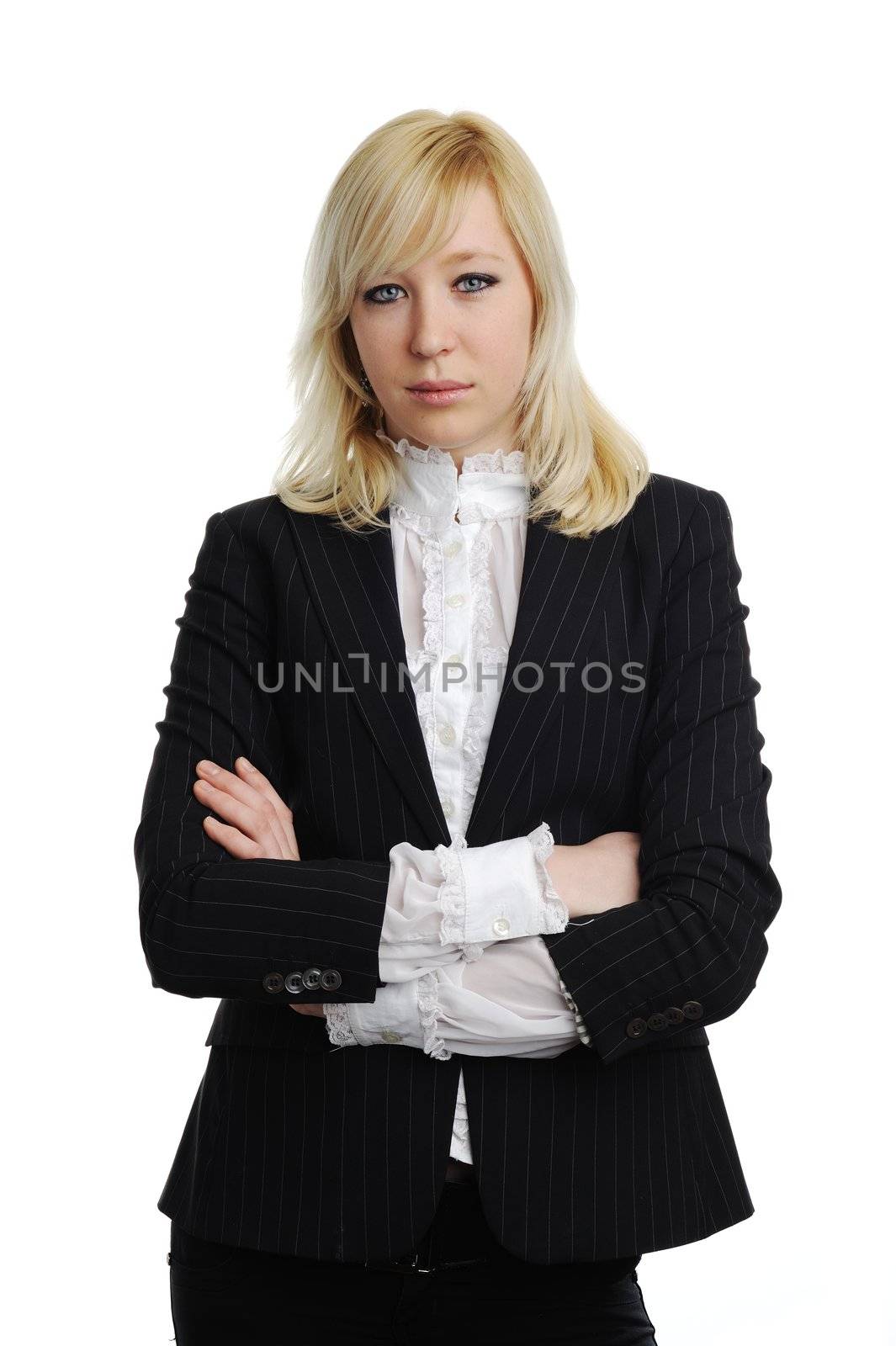 A portrait of a young woman in black suit