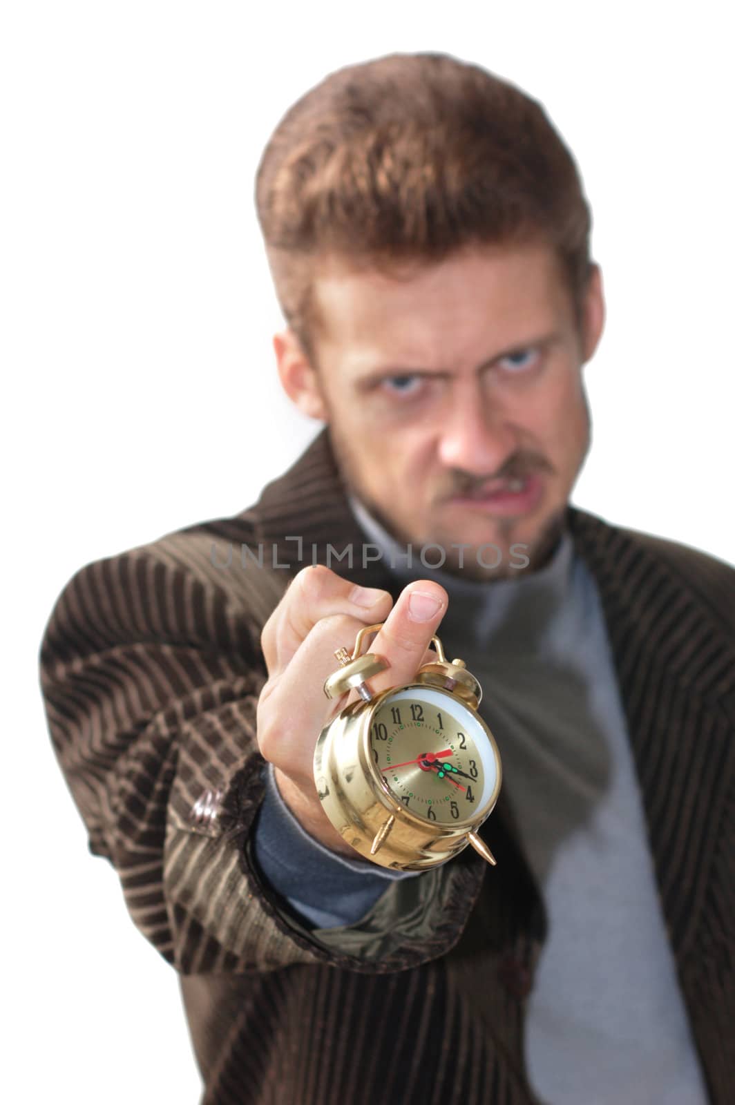 A man keeping an alarm clock on his middle finger