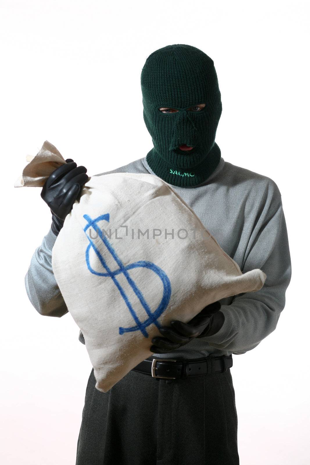 An image of a man in mask and sack with money