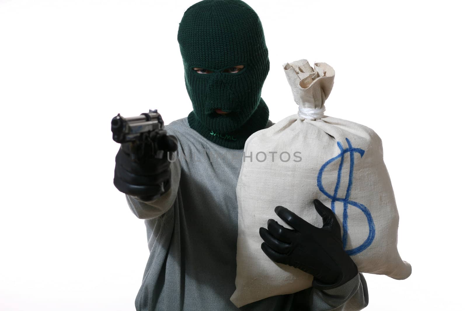 An image of a man in mask with gun and bag