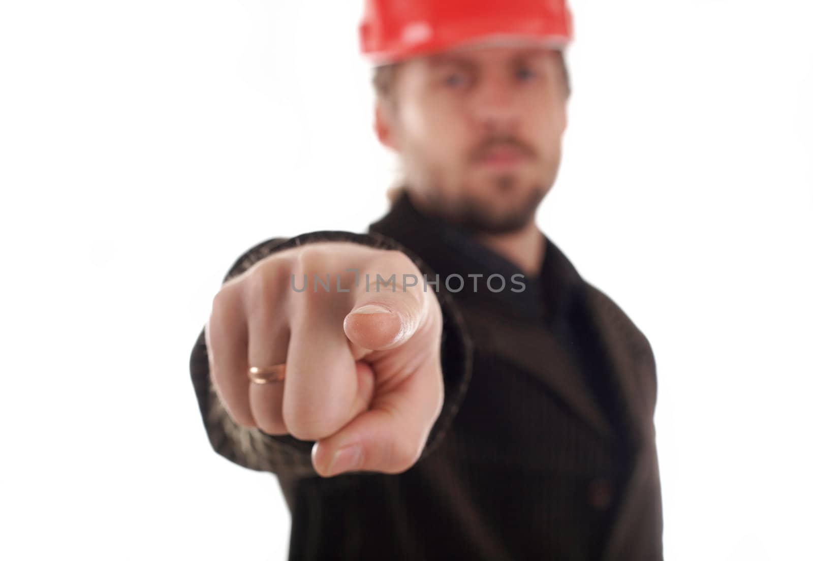 An image of  worker showing his forefinger