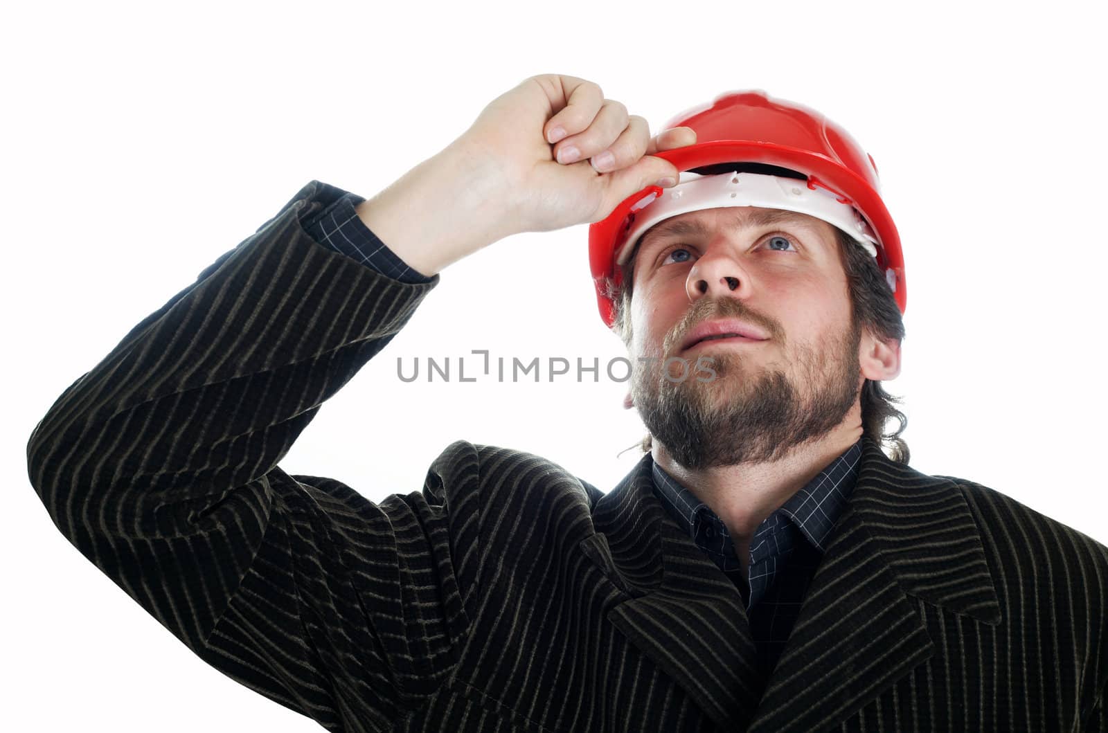 An image of a construction worker looking friendly. Isolated.
