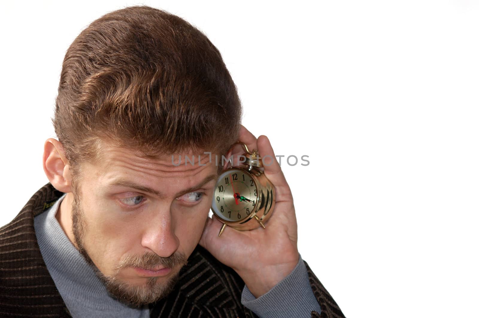 Man listening alarm clock by velkol