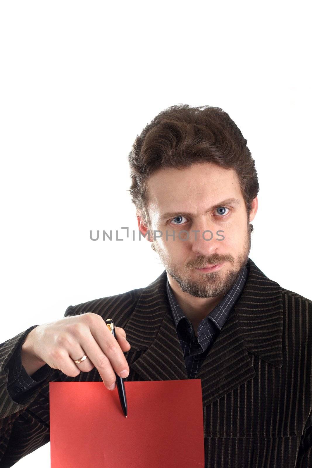 A businessman gives papers for signature
