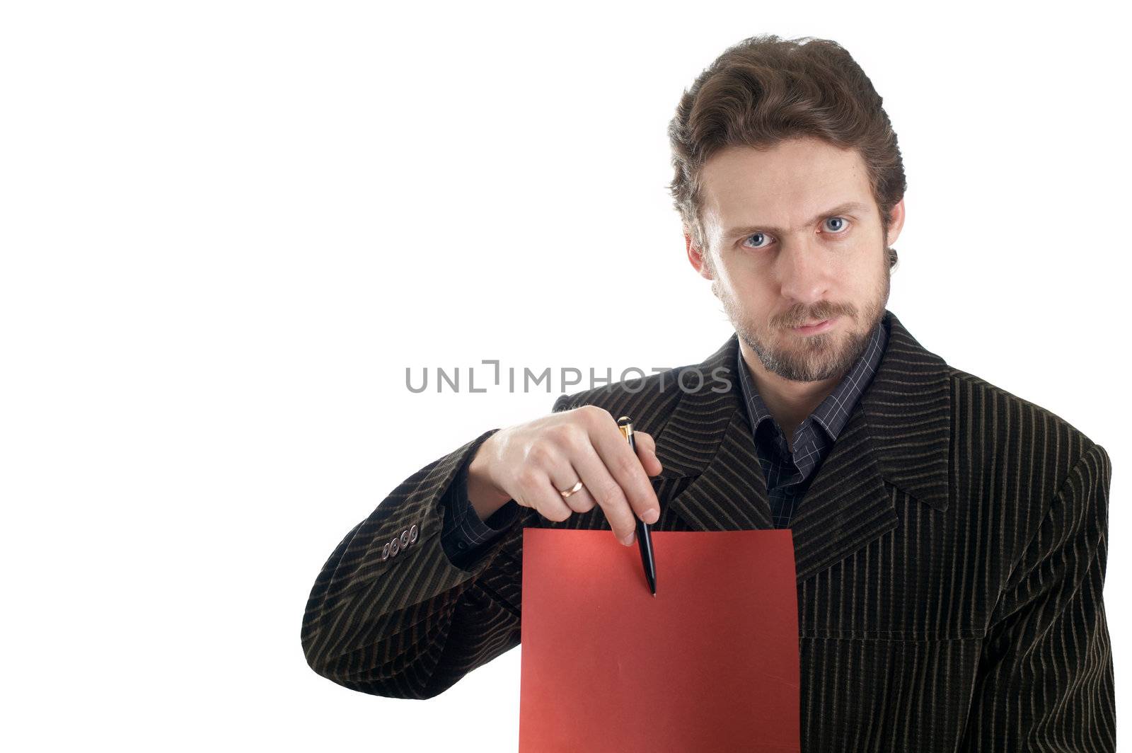 A businessman gives papers for signature